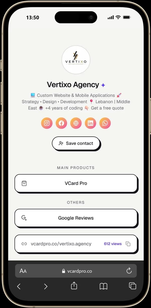 Vertixo Agency page built with VCard Pro