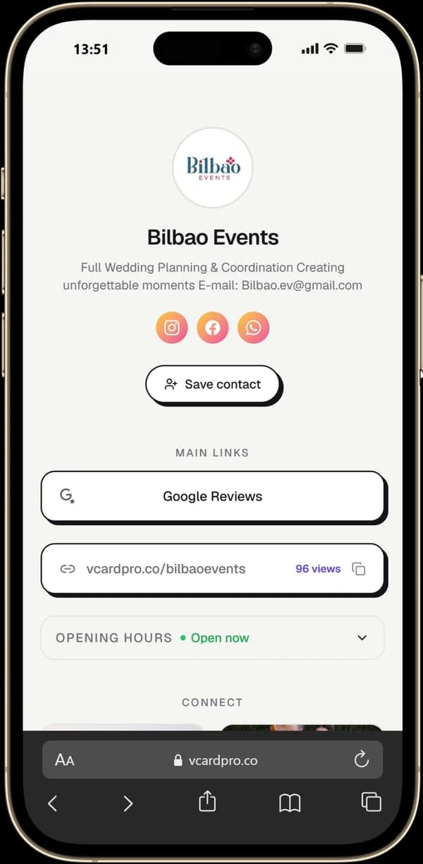 Bilbao Events page built with VCard Pro