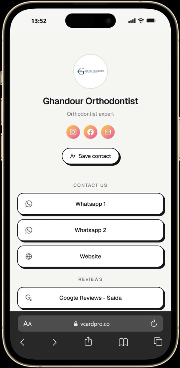 Ghandour Orthodontist page built with VCard Pro