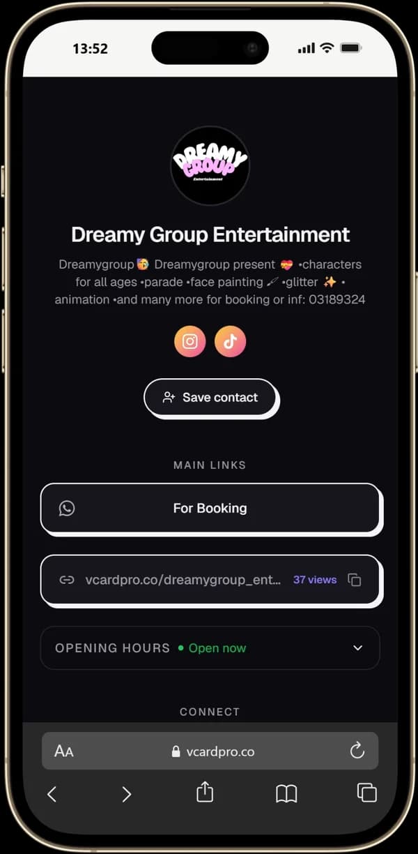 Dreamy Group page built with VCard Pro