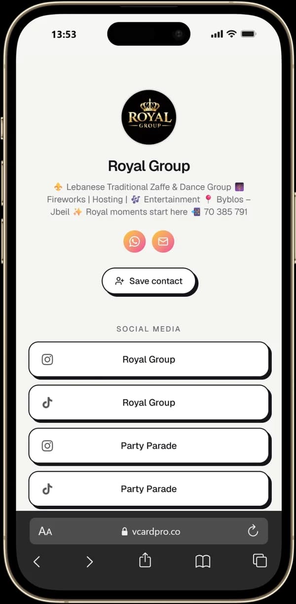 Royal Group page built with VCard Pro