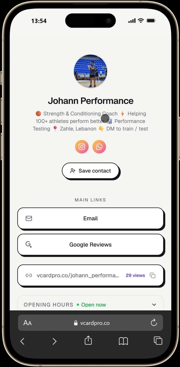 Johann Performance page built with VCard Pro